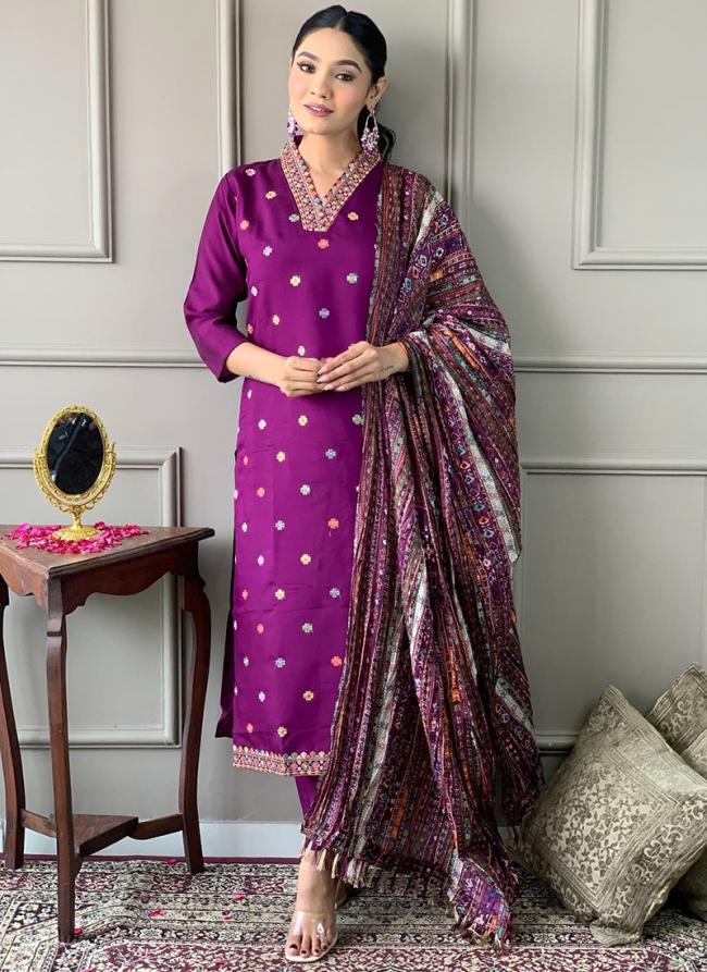 Viscose Chanderi Magenta Casual Wear Embroidery Work Readymade Suit